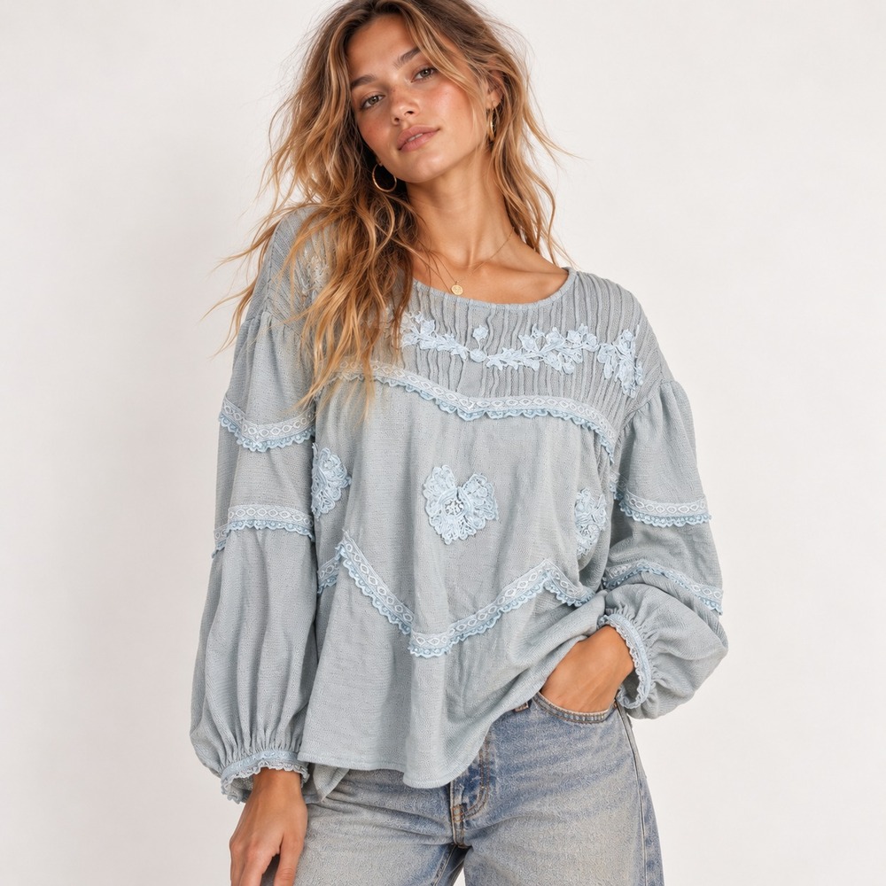 Free People Maisey Knit Top Blouse Women S Blue Lace Floral Embroidered Boho